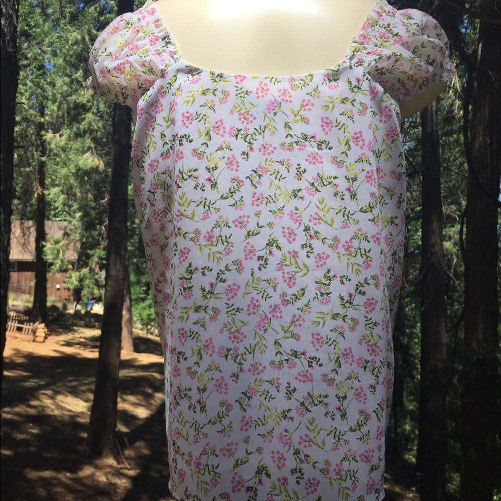 J. Crew pink floral on white chiffon corset peasant top rose puff sleeve - Picture 9 of 9